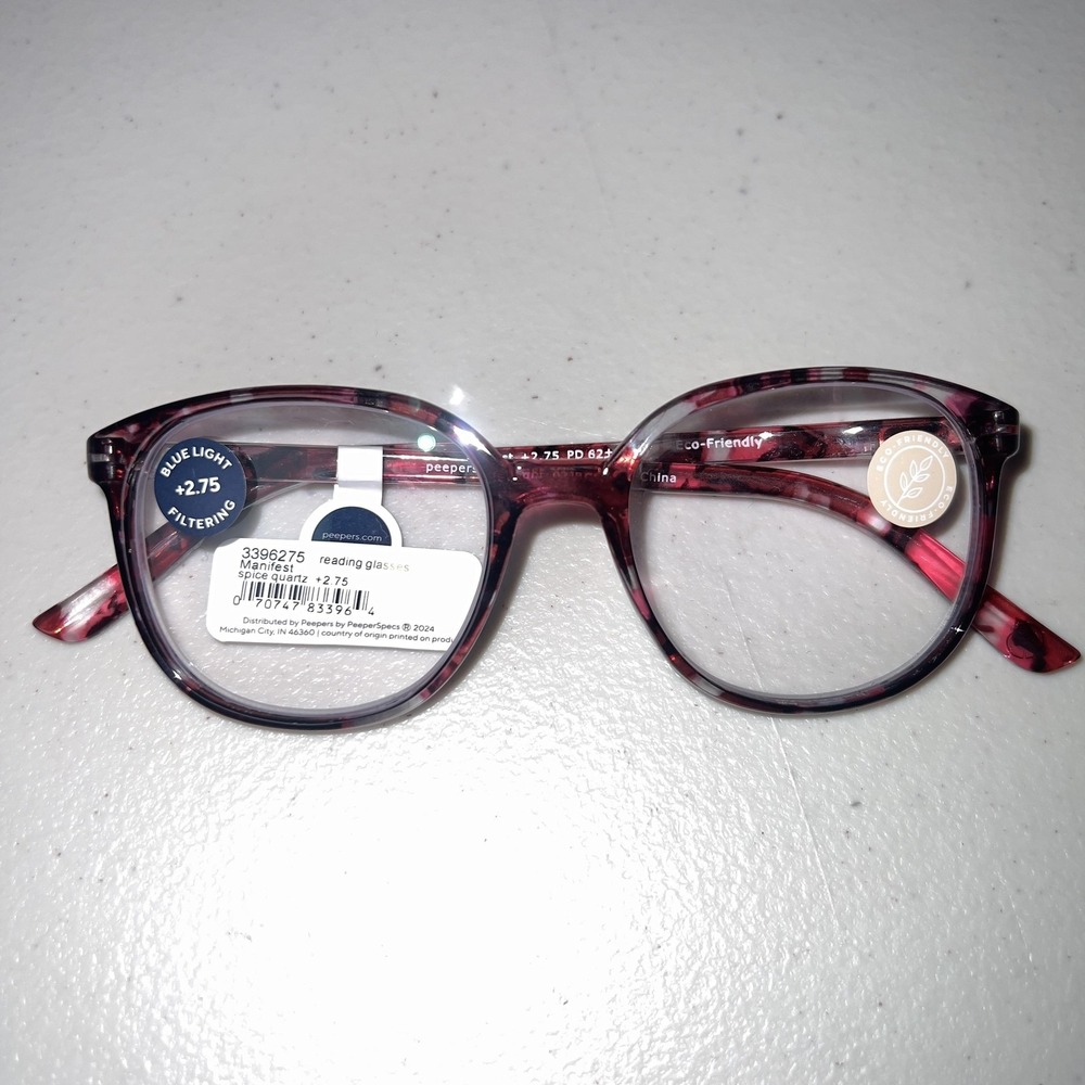 Peepers Reading Glasses 3396275 +2.75 Pink Tortoise Round Womens Blue Light